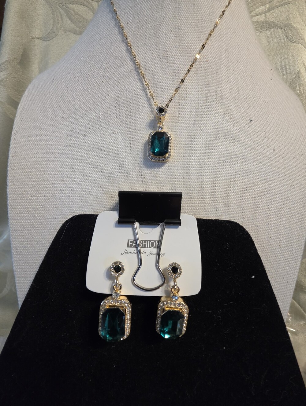 #1409. Gold-Tone Necklace with Deep Teal Emerald-Cut Pendant & Earring Set